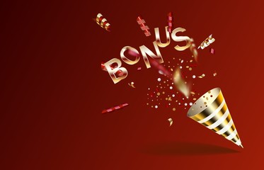 Bonus. Red and gold party Popper with exploding confetti particles isolated on a red background.