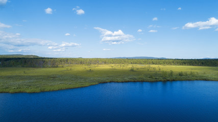 Aerial view on swamp lake in summer sunny day. Blue sky with clouds. Lapland.