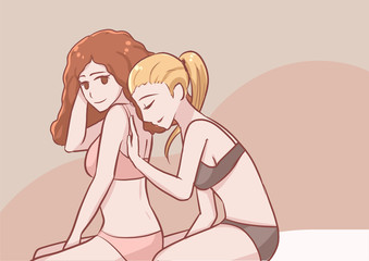 sweet gay lesbian couple sitting together and playing in relax position romantic sensual night vector illustration cartoon drawing