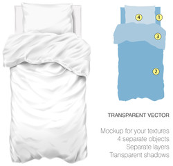 Vector blank white bed mock up for your design and fabric textures. Pillows and blanket with transparent shadows. View from the top
