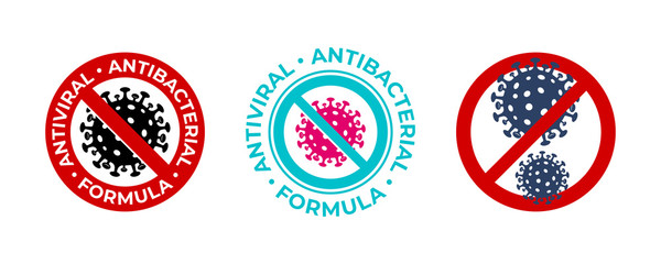 Antiviral antibacterial coronavirus formula vector icons. Coronavirus 2019 nCov, Covid 19 NCP virus stop signs, health protection labels