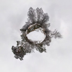 Winter little planet transformation of spherical panorama 360 degrees. Spherical abstract aerial...