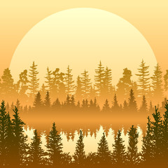 Square illustration of a lake in the middle of a misty coniferous forest at sunset. © vertyr