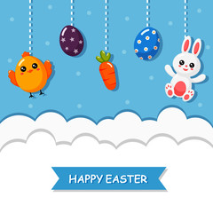 happy easter day card, template and banner on blue background. vector Illustration. 