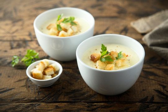 Homemade Cheese Soup With Bread Croutons