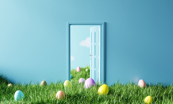 Easter door with colorful eggs on meadow. Creative concept. 3d rendering