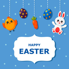 happy easter day card, template and banner on blue background. vector Illustration. 