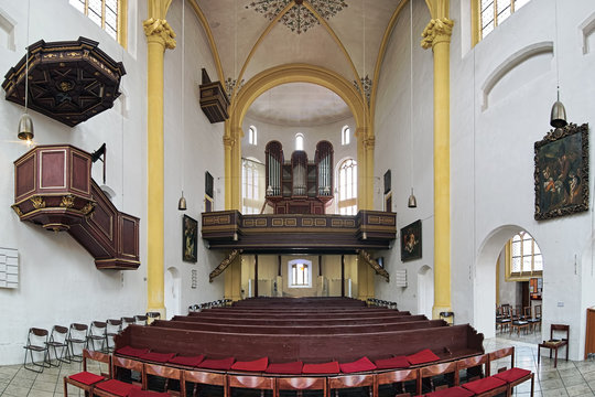 Interior of Neupfarrkirche (New parish church) in Regensburg, Germany. This is the oldest protestan church in the city; it was laid in 1519.