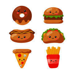 set of cute funny fast food kawaii style icons isolated on white background. illustration vector.  