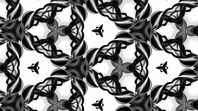 4k seamless looped animation of black and white pattern with ribbons are twisted and formed complex structures like symmetric ornament pattern or kaleidoscopic effect