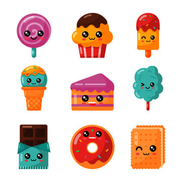 Set Of Kawaii Cartoon Dessert. Sweet Candy On White Background. Vector Illustration.