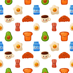 breakfast food characters icons set seamless pattern isolated on white background. vector Illustration.