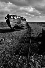 Derelict Boat with Rail Track at Dungeness (Monochrome)