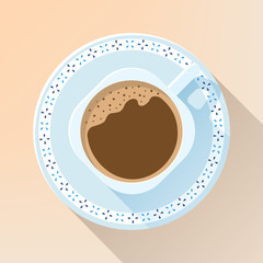Coffee with foam in a cup and with a saucer. Vector illustration of top view. Great for graphic design of posters, postcards, menus of cafes etc. The central part can be used as a frame for text.