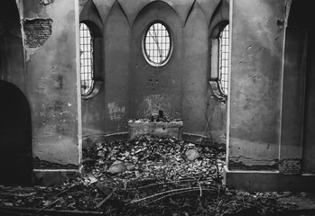 Horror like picture of the abandoned altar in the ruins of the ancient church