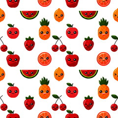 seamless pattern kawaii tropical fruit isolated on white background. vector illustration.