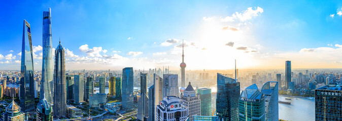 Panoramic view of Shanghai cityscapes at dusk and night, modern city skyline in Shanghai, China