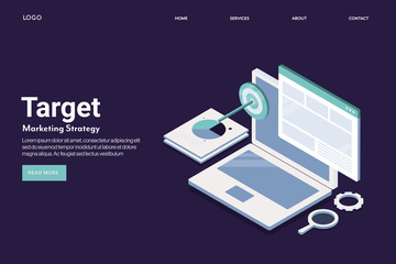 Target marketing, business strategy, data analysis and achieveing online business goal, web content on laptop screen, isometric design concept. Web banner and landing page template with text.