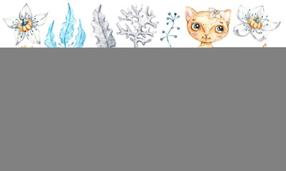 Cat mermaid unicorn Baby cute girl. Watercolor nursery cartoon sea animals, marine magic life. Adorable Nurseries mermaid set isolated on white background. Hand painted watercolour baby kitty clip art