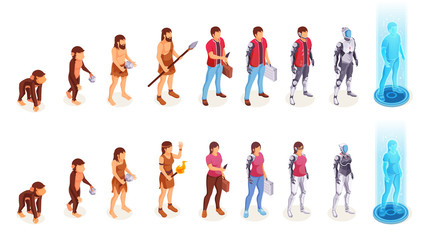 Human evolution of man and woman from ape monkey to office worker and cyborg. People evolution process from caveman primitives to modern life and artificial intelligence technology, vector icons