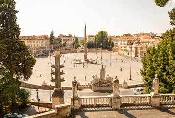 view from the Pincio of Piazza del Popolo urban square with an Egyptian obelisk of Ramesses II in...