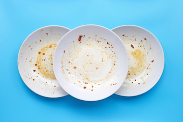 Dirty dishes on white background.