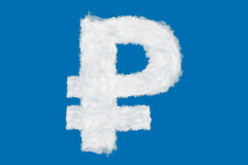 Russian ruble currency sign element made of clouds on blue background over sky