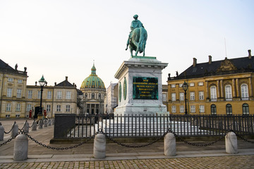 Equestrian statue of King Frederik V on Amalienborg Slotsplads Palace Square in Copenhagen, Denmark. February 2020
