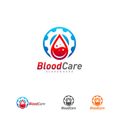 Blood droplet with Gear logo template vector, Droplet Blood logo design concept