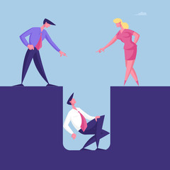 Aggressive Business People Characters Blaming and Yelling on Desperate Confused Business Man Sit in Deep Hole. Bullying in Office, Failure and Finance Problem Concept. Cartoon Vector Illustration