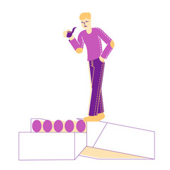 Male Character Stand in Thoughtful Posture on Huge Cigarette Box Smoking Pipe. Bad Habit and Smoke Addiction Concept. Man Smoker Enjoying Tobacco and Nicotine Production. Linear Vector Illustration