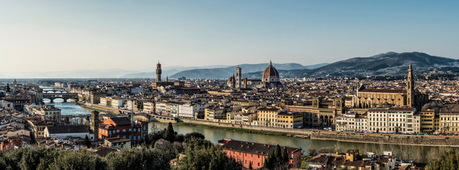 Aerial panorama of Florence from Piazzale Michelangelo overlooking the Arno river, Ponte Vecchio,...