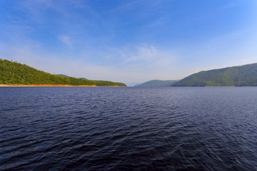 Beautiful landscape. Zeya Sea, Amur Region. The calm waters of the reserved sea in the summer.