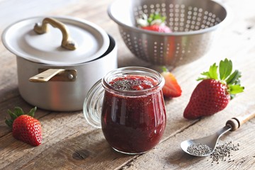 Strawberry marmelade, jam, confiture or jelly. Home canning ham. Selective focus