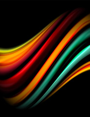 Silk smooth lines on black, liquid fluid color waves. Vector Illustration