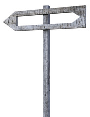 Wooden pointer on a pole with carved empty arrow inside showing in the opposite direction. 3d render, isolated on white.