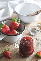 Strawberry marmelade, jam, confiture or jelly. Home canning ham. Selective focus