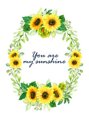 Spring summer plant sunflower blossom foliage watercolor colorful sunny tone wreath for wedding party for invitation flower and plants