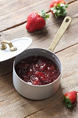 Strawberry marmelade, jam, confiture or jelly. Home canning ham. Selective focus