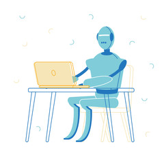 Artificial Intelligence Service in Human Life Concept. Robot Character Sitting at Desk with Computer Working in Office. Futuristic Technology, Smart Devices, Automatization. Linear Vector Illustration