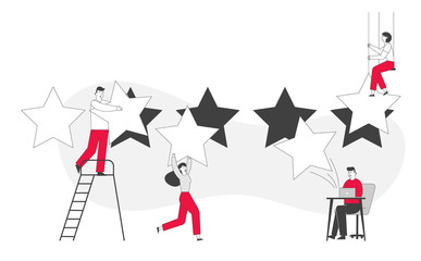 Customer Review, Ranking and Rating Concept. People Put Huge Golden Stars into Holes, Woman Hanging on Ropes Leaving Feedback. Client Characters Evaluate Service Technology. Linear Vector Illustration