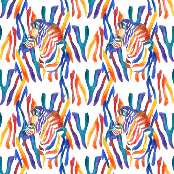 watercolor pattern with colorful zebra elements on white