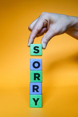 SORRY word made with building blocks.