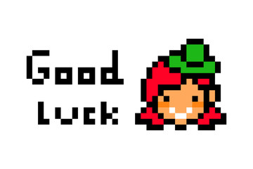 Happy smiling ginger leprechaun girl in a green hat and good luck wish, Saint Patrick's Day pixel art icon isolated on white background. 8 bit old school vintage retro slot machine/video game graphics