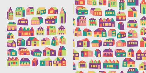 Seamless pattern and set with colorful asymmetric houses