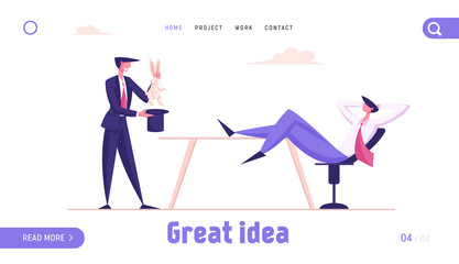 Business Trick Landing Page Template. Businessman Character Perform Entertainment Pull Rabbit Out of Cylinder Hat Show Skills to Investor Sitting with Legs on Desk. Cartoon People Vector Illustration