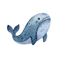 Cute whale-watercolor illustration isolated on white background. Cartoon stylized animal character, hand drawn clipart. Illustration for clothes, stickers, baby shower, greeting cards, prints.