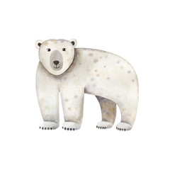 Cute polar bear-watercolor illustration isolated on white background. Cartoon stylized animal character, hand drawn clipart. Illustration for clothes, stickers, baby shower, greeting cards, prints.