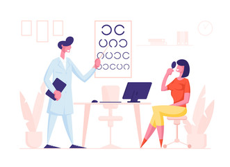 Ophthalmologist Doctor Character Check Eyesight for Eyeglasses Diopter to Woman. Oculist with Pointer Checkup Eye Sight. Professional Optician Exam Patient Vision. Cartoon People Vector Illustration