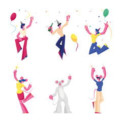 Set Birthday and New Year Party Celebration. Group of Cheerful People, Friends Characters in Mouse Costumes and Festive Hats Dancing with Champagne and Sparklers in Hands. Cartoon Vector Illustration